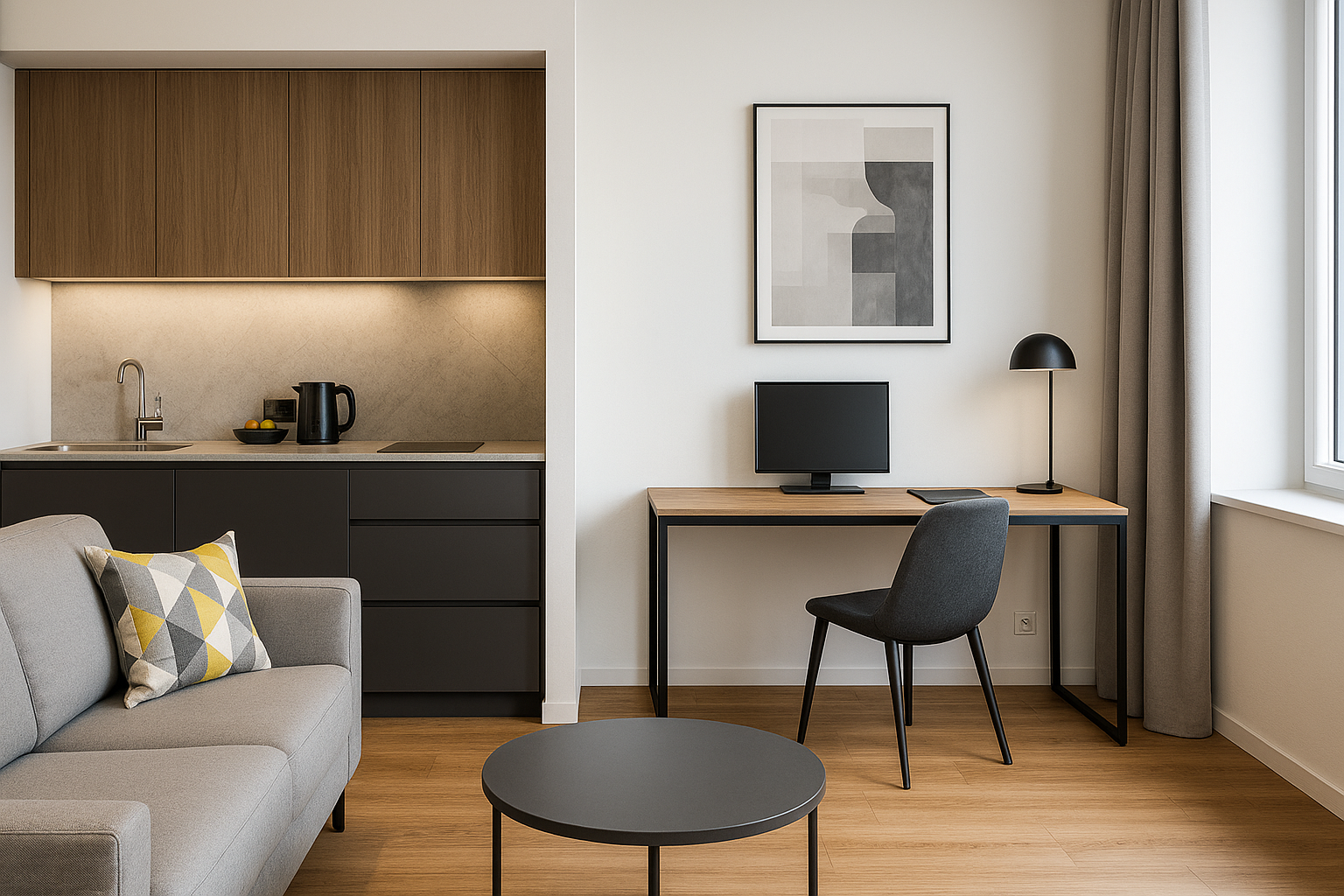 Modernes Serviced Apartment mit Küche und Arbeitsbereich