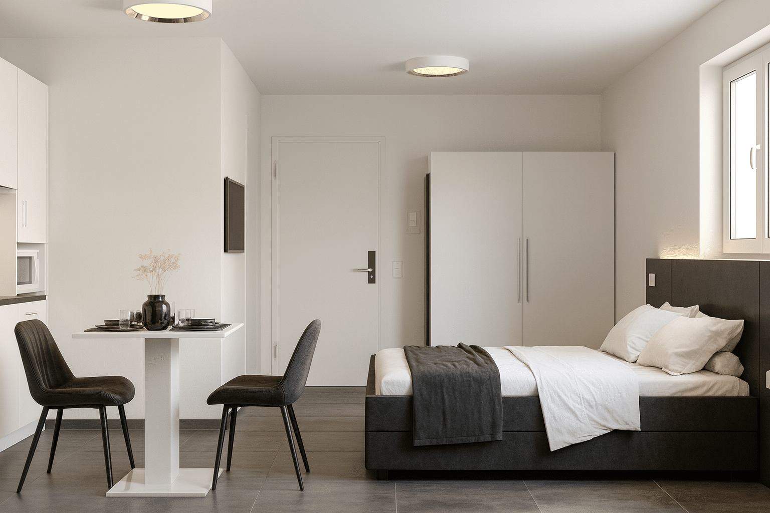 Serviced Apartment vs Hotel: moderne Unterkunft mit Wohnbereich, Küche und Arbeitsplatz